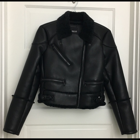 NWT Express Black Faux-Shearling Moto Jacket - Picture 4 of 8